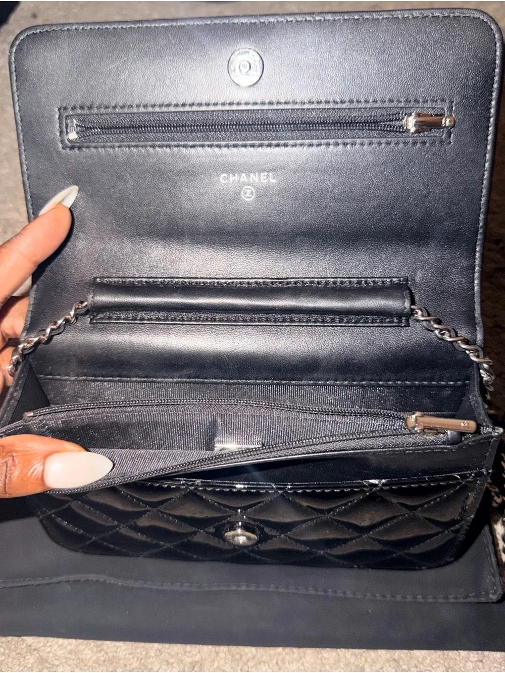CHANEL Black Quilted Patent Leather Crossbody Wallet with Chain